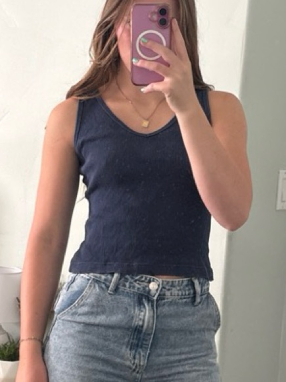 Women's Navy Ribbed V-Neck Tank Top